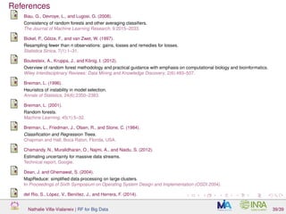 References
Biau, G., Devroye, L., and Lugosi, G. (2008).
Consistency of random forests and other averaging classiﬁers.
The Journal of Machine Learning Research, 9:2015–2033.
Bickel, P., Götze, F., and van Zwet, W. (1997).
Resampling fewer than n observations: gains, losses and remedies for losses.
Statistica Sinica, 7(1):1–31.
Boulesteix, A., Kruppa, J., and König, I. (2012).
Overview of random forest methodology and practical guidance with emphasis on computational biology and bioinformatics.
Wiley Interdisciplinary Reviews: Data Mining and Knowledge Discovery, 2(6):493–507.
Breiman, L. (1996).
Heuristics of instability in model selection.
Annals of Statistics, 24(6):2350–2383.
Breiman, L. (2001).
Random forests.
Machine Learning, 45(1):5–32.
Breiman, L., Friedman, J., Olsen, R., and Stone, C. (1984).
Classiﬁcation and Regression Trees.
Chapman and Hall, Boca Raton, Florida, USA.
Chamandy, N., Muralidharan, O., Najmi, A., and Naidu, S. (2012).
Estimating uncertainty for massive data streams.
Technical report, Google.
Dean, J. and Ghemawat, S. (2004).
MapReduce: simpliﬁed data processing on large clusters.
In Proceedings of Sixth Symposium on Operating System Design and Implementation (OSDI 2004).
del Rio, S., López, V., Beniítez, J., and Herrera, F. (2014).
Nathalie Villa-Vialaneix | RF for Big Data 39/39
 