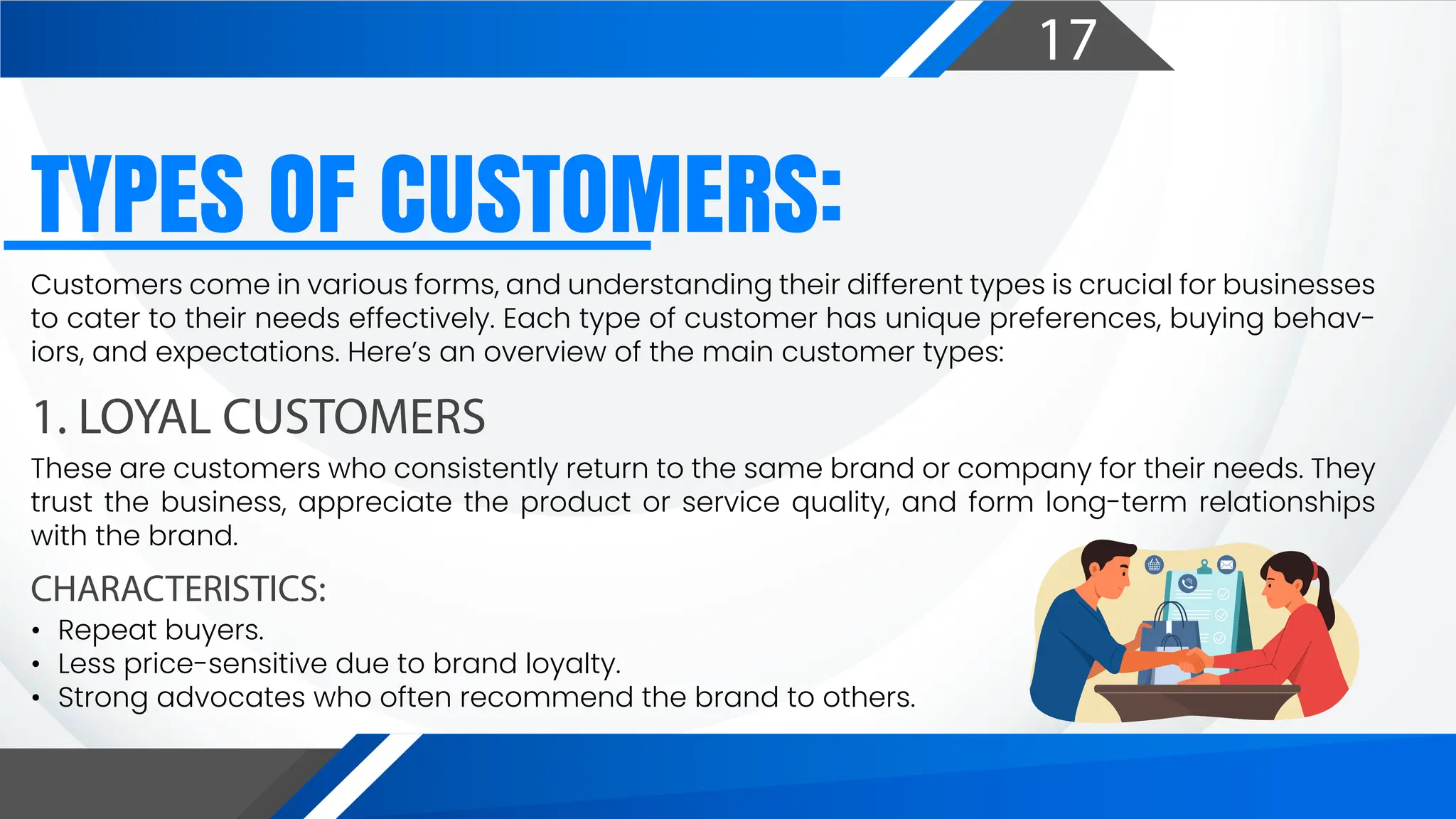 17
TYPES OF CUSTOMERS:
1. LOYAL CUSTOMERS
CHARACTERISTICS:
Customers come in various forms, and understanding their different types is crucial for businesses
to cater to their needs effectively. Each type of customer has unique preferences, buying behav-
iors, and expectations. Here’s an overview of the main customer types:
These are customers who consistently return to the same brand or company for their needs. They
trust the business, appreciate the product or service quality, and form long-term relationships
with the brand.
• Repeat buyers.
• Less price-sensitive due to brand loyalty.
• Strong advocates who often recommend the brand to others.
 