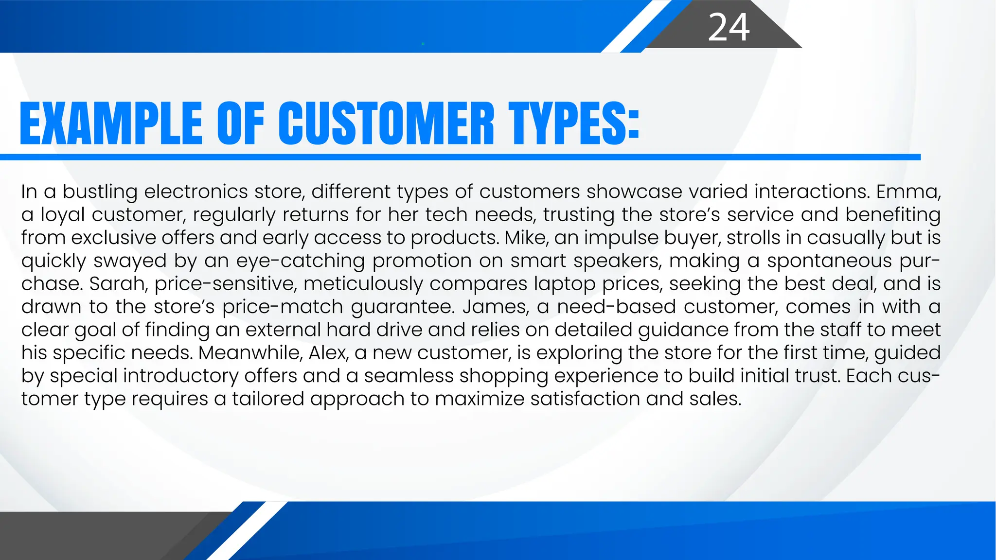 24
EXAMPLE OF CUSTOMER TYPES:
In a bustling electronics store, different types of customers showcase varied interactions. Emma,
a loyal customer, regularly returns for her tech needs, trusting the store’s service and benefiting
from exclusive offers and early access to products. Mike, an impulse buyer, strolls in casually but is
quickly swayed by an eye-catching promotion on smart speakers, making a spontaneous pur-
chase. Sarah, price-sensitive, meticulously compares laptop prices, seeking the best deal, and is
drawn to the store’s price-match guarantee. James, a need-based customer, comes in with a
clear goal of finding an external hard drive and relies on detailed guidance from the staff to meet
his specific needs. Meanwhile, Alex, a new customer, is exploring the store for the first time, guided
by special introductory offers and a seamless shopping experience to build initial trust. Each cus-
tomer type requires a tailored approach to maximize satisfaction and sales.
 