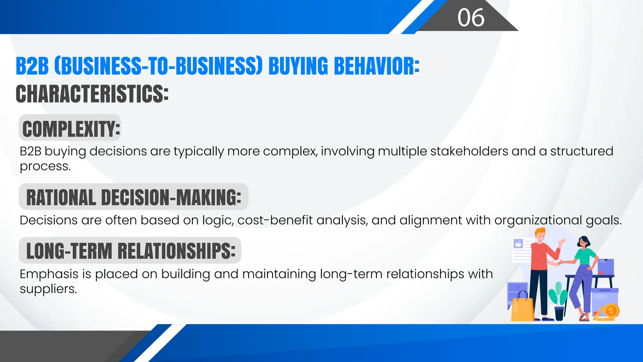 06
B2B buying decisions are typically more complex, involving multiple stakeholders and a structured
process.
Decisions are often based on logic, cost-benefit analysis, and alignment with organizational goals.
Emphasis is placed on building and maintaining long-term relationships with
suppliers.
B2B (BUSINESS-TO-BUSINESS) BUYING BEHAVIOR:
CHARACTERISTICS:
COMPLEXITY:
RATIONAL DECISION-MAKING:
LONG-TERM RELATIONSHIPS:
 