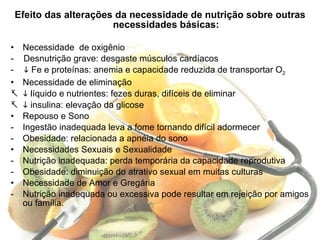 Efeito das alterações da necessidade de nutrição sobre outras necessidades básicas: Necessidade  de oxigênio -  Desnutrição grave: desgaste músculos cardíacos -    Fe e proteínas: anemia e capacidade reduzida de transportar O 2 Necessidade de eliminação    líquido e nutrientes: fezes duras, difíceis de eliminar    insulina: elevação da glicose Repouso e Sono Ingestão inadequada leva a fome tornando difícil adormecer Obesidade: relacionada a apnéia do sono Necessidades Sexuais e Sexualidade Nutrição inadequada: perda temporária da capacidade reprodutiva Obesidade: diminuição do atrativo sexual em muitas culturas Necessidade de Amor e Gregária Nutrição inadequada ou excessiva pode resultar em rejeição por amigos ou família. 