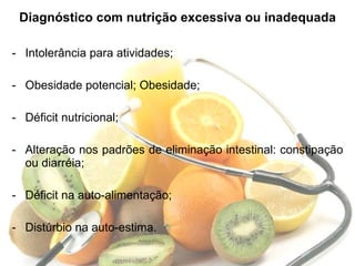 Diagnóstico com nutrição excessiva ou inadequada Intolerância para atividades; Obesidade potencial; Obesidade; Déficit nutricional; Alteração nos padrões de eliminação intestinal: constipação ou diarréia; Déficit na auto-alimentação; Distúrbio na auto-estima. 
