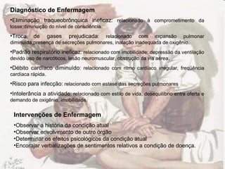 Diagnóstico de Enfermagem Eliminação traqueobrônquica ineficaz:  relacionado à comprometimento da tosse;diminuição do nível de consciência. Troca de gases prejudicada : relacionado com expansão pulmonar diminuída;presença de secreções pulmonares, inalação inadequada de oxigênio. Padrão respiratório ineficaz : relacionado com imobilidade; depressão da ventilação devido uso de narcóticos, lesão neuromuscular, obstrução da via aérea. Débito cardíaco diminuído:  relacionado com ritmo cardíaco irregular, freqüência cardíaca rápida. Risco para infecção:  relacionado com estase das secreções pulmonares Intolerância a atividade:  relacionado com estilo de vida, desequilíbrio entre oferta e demando de oxigênio, imobilidade. Intervenções de Enfermagem Observar a história da condição atual Observar envolvimento de outro órgão  Determinar os efeitos psicológicos da condição atual Encorajar verbalizações de sentimentos relativos a condição de doença. 
