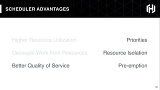 17
SCHEDULER ADVANTAGES
17
Priorities
Resource Isolation
Pre-emption
Higher Resource Utilization
Decouple Work from Resources
Better Quality of Service
 