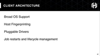 27
CLIENT ARCHITECTURE
27
Broad OS Support
Host Fingerprinting
Pluggable Drivers
Job restarts and lifecycle management
 