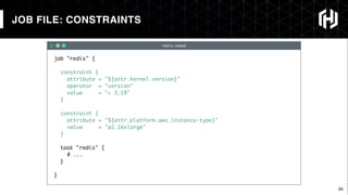 34
redis.nomad
JOB FILE: CONSTRAINTS
job "redis" {
constraint {
attribute = "${attr.kernel.version}"
operator = "version"
value = "> 3.19"
}
constraint {
attribute = "${attr.platform.aws.instance-type}"
value = "p2.16xlarge"
}
task "redis" {
# ...
}
}
 