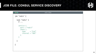 35
redis.nomad
JOB FILE: CONSUL SERVICE DISCOVERY
job "redis" {
task "redis" {
# ...
service {
port = “redis”
check {
type = “tcp”
interval = “10s”
}
}
}
}
 