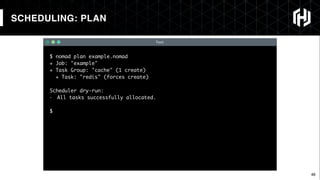 46
$ nomad plan example.nomad
+ Job: "example"
+ Task Group: "cache" (1 create)
+ Task: "redis" (forces create)
Scheduler dry-run:
- All tasks successfully allocated.
$
Text
SCHEDULING: PLAN
 