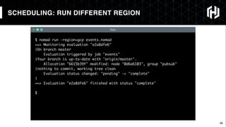 49
$ nomad run -region=gcp events.nomad
==> Monitoring evaluation "e2a8dfe6"
!On branch master
Evaluation triggered by job "events"
!Your branch is up-to-date with 'origin/master'.
Allocation "6615b39f" modified: node "0d6a6103", group "pubsub"
!nothing to commit, working tree clean
Evaluation status changed: "pending" -> "complete"
!
==> Evaluation "e2a8dfe6" finished with status "complete"
$
Text
SCHEDULING: RUN DIFFERENT REGION
 