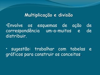 •Envolve    os esquemas de ação         de
correspondência um-a-muitos e           de
distribuir.

• sugestão: trabalhar com tabelas e
gráficos para construir os conceitos.
 