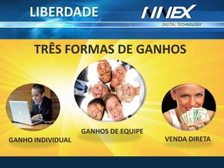 TRÊS FORMAS DE GANHOS
GANHOS DE EQUIPE
VENDA DIRETAGANHO INDIVIDUAL
DIGITAL TECHNOLOGY
TM
LIBERDADE
 