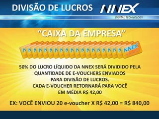 DIGITAL TECHNOLOGY
TM
DIVISÃO DE LUCROS
“CAIXA DA EMPRESA”
EX: VOCÊ ENVIOU 20 e-voucher X R$ 42,00 = R$ 840,00
50% DO LUCRO LÍQUIDO DA NNEX SERÁ DIVIDIDO PELA
QUANTIDADE DE E-VOUCHERS ENVIADOS
PARA DIVISÃO DE LUCROS.
CADA E-VOUCHER RETORNARÁ PARA VOCÊ
EM MÉDIA R$ 42,00
 