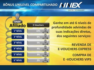 DIGITAL TECHNOLOGY
TM
BÔNUS UNILEVEL COMPARTILHADO
Ganhe em até 6 níveis de
profundidade advindas de
suas indicações diretas,
dos seguintes serviços:
REVENDA DE
E-VOUCHERS EXPRESS
COMPRA DE
E -VOUCHERS VIPS
1° NÍVEL
2° NÍVEL
3° NÍVEL
4° NÍVEL
5° NÍVEL
6° NÍVEL
10%
6%
5%
4%
3%
2%
E-Vouchers
 