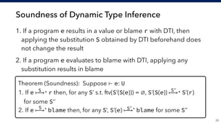 Soundness of Dynamic Type Inference
1. If a program e results in a value or blame r with DTI, then
applying the substitution S obtained by DTI beforehand does
not change the result
2. If a program e evaluates to blame with DTI, applying any
substitution results in blame
!23
Theorem (Soundness): Suppose ⊢ e: U
1. If e ⟼* r then, for any S’ s.t. ftv(S’(S(e))) = ∅, S’(S(e)) ⟼* S’(r) 
for some S’’
2. If e ⟼* blame then, for any S’, S’(e) ⟼* blame for some S’’
S
S
S’’
S’’
 