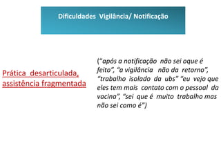 Dificuldades Vigilância/ Notificação
Prática desarticulada,
assistência fragmentada
(“após a notificação não sei oque é
feito”, “a vigilância não da retorno”,
“trabalho isolado da ubs” “eu vejo que
eles tem mais contato com o pessoal da
vacina”, “sei que é muito trabalho mas
não sei como é”)
 