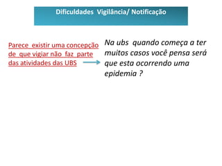 Parece existir uma concepção
de que vigiar não faz parte
das atividades das UBS
Na ubs quando começa a ter
muitos casos você pensa será
que esta ocorrendo uma
epidemia ?
Dificuldades Vigilância/ Notificação
 