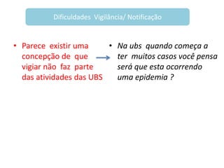• Parece existir uma
concepção de que
vigiar não faz parte
das atividades das UBS
• Na ubs quando começa a
ter muitos casos você pensa
será que esta ocorrendo
uma epidemia ?
Dificuldades Vigilância/ Notificação
 