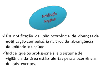 É a notificação da não ocorrência de doenças de
notificação compulsória na área de abrangência
da unidade de saúde.
Indica que os profissionais e o sistema de
vigilância da área estão alertas para a ocorrência
de tais eventos.
 