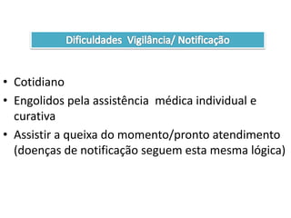 • Cotidiano
• Engolidos pela assistência médica individual e
curativa
• Assistir a queixa do momento/pronto atendimento
(doenças de notificação seguem esta mesma lógica)
 