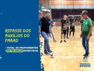 REPASSE DOS
AUXÍLIOS DO
FMAAD
• TOTAL 06 PROPONENTES
• R$ 118.422,19 INVESTIDOS
 