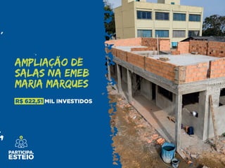 R$ 622,51 MIL INVESTIDOS
AMPLIAÇÃO DE
SALAS NA EMEB
MARIA MARQUES
 