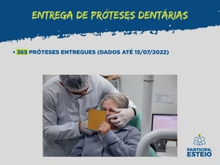 ENTREGA DE PRÓTESES DENTÁRIAS
• 365 PRÓTESES ENTREGUES (DADOS ATÉ 15/07/2022)
 