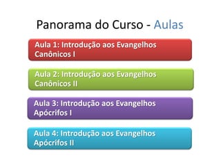 Panorama do Curso - Aulas
Aula 1: Introdução aos Evangelhos
Canônicos I

Aula 2: Introdução aos Evangelhos
Canônicos II

Aula 3: Introdução aos Evangelhos
Apócrifos I

Aula 4: Introdução aos Evangelhos
Apócrifos II
 