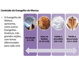 Conteúdo do Evangelho de Marcos

• O Evangelho de
  Mateus
  apresenta,
  como outros
  Evangelhos
  Sinóticos, três
  grandes seções,   Introdução
                                   Jesus na      Subida a     Paixão e
  com temas                         Galileia    Jerusalém    Ressurreição
                      (1.1-13)
                                  (1.14-5.43)    (10.1-52)   (14.1-16.8)
  diferenciados
  para cada uma
 