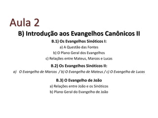 Aula 2
  B) Introdução aos Evangelhos Canônicos II
                      B.1) Os Evangelhos Sinóticos I:
                           a) A Questão das Fontes
                       b) O Plano Geral dos Evangelhos
                  c) Relações entre Mateus, Marcos e Lucas
                      B.2) Os Evangelhos Sinóticos II:
a) O Evangelho de Marcos / b) O Evangelho de Mateus / c) O Evangelho de Lucas

                         B.3) O Evangelho de João
                     a) Relações entre João e os Sinóticos
                     b) Plano Geral do Evangelho de João
 