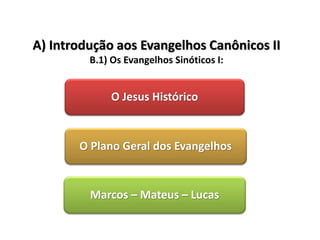 A) Introdução aos Evangelhos Canônicos II
         B.1) Os Evangelhos Sinóticos I:


             O Jesus Histórico


       O Plano Geral dos Evangelhos


         Marcos – Mateus – Lucas
 