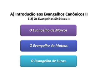 A) Introdução aos Evangelhos Canônicos II
         B.2) Os Evangelhos Sinóticos II:


          O Evangelho de Marcos


          O Evangelho de Mateus


           O Evangelho de Lucas
 