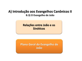 A) Introdução aos Evangelhos Canônicos II
           B.3) O Evangelho de João


         Relações entre João e os
                Sinóticos




       Plano Geral do Evangelho de
                   João
 