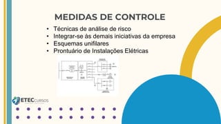 MEDIDAS DE CONTROLE
• Técnicas de análise de risco
• Integrar-se às demais iniciativas da empresa
• Esquemas unifilares
• Prontuário de Instalações Elétricas
 