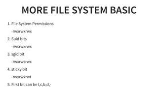 MORE FILE SYSTEM BASIC
1. File System Permissions
-rwxrwxrwx
2. Suid bits
-rwsrwxrwx
3. sgid bit
-rwxrwsrwx
4. sticky bit
-rwxrwxrwt
5. First bit can be l,c,b,d,-
 