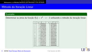 Zero de funções e os Métodos Numéricos
Refinamento e os Métodos Numéricos para determinar o zero da função
Método da Iteração Linear
Examples
Determinar os zeros da função f(x) = x2 − x − 2 utilizando o método da iteração linear.
k xk = x2
k−1 − 2 xk =
√
2 + xk−1
0 0, 500000000 0, 500000000
1 −1, 750000000 1, 581138830
2 1, 062500000 1, 892389714
3 −0, 871093750 1, 972914016
4 −1, 241195679 1, 993217002
5 −0, 459433287 1, 998303531
6 −1, 788921055 1, 999575838
7 1, 200238540 1, 999893957
8 −0, 559427448 1, 999973489
9 −1, 687040931 1, 999993372
10 0, 846107103 1, 999998343
11 −1, 284102771 1, 999999586
12 −0, 351080073 1, 999999896
13 −1, 876742782 1, 999999974
14 1, 522163470 1, 999999994
15 0, 316981629 1, 999999998
8 CETEC Paulo Henrique Ribeiro do Nascimento 9 de fevereiro de 2021
 