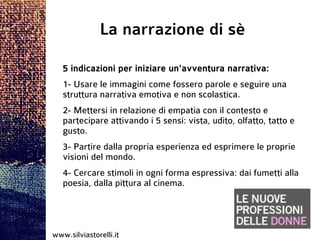 La narrazione di sè

   5 indicazioni per iniziare un'avventura narrativa:
   1- Usare le immagini come fossero parole e seguire una
   struttura narrativa emotiva e non scolastica.
   2- Mettersi in relazione di empatia con il contesto e
   partecipare attivando i 5 sensi: vista, udito, olfatto, tatto e
   gusto.
   3- Partire dalla propria esperienza ed esprimere le proprie
   visioni del mondo.
   4- Cercare stimoli in ogni forma espressiva: dai fumetti alla
   poesia, dalla pittura al cinema.




www.silviastorelli.it
 