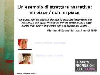 Un esempio di struttura narrativa:
      mi piace / non mi piace
 “Mi piace, non mi piace: il che non ha nessuna importanza per
   nessuno; il che apparentemente non ha senso. E però tutto
   questo vuol dire: il mio corpo non è lo stesso del vostro”.
                              (Barthes di Roland Barthes, Einaudi 1975)



                  Amparo Sanchez "autorretrato"




                   Il favoloso mondo di Amelie




www.silviastorelli.it
 