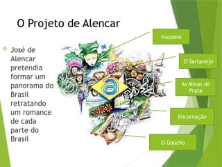 6
O Projeto de Alencar
 José de
Alencar
pretendia
formar um
panorama do
Brasil
retratando
um romance
de cada
parte do
Brasil.
Iracema
O Sertanejo
As Minas de
Prata
Encarnação
O Gaúcho
 
