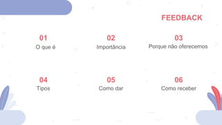 FEEDBACK
O que é Importância Porque não oferecemos
Tipos Como dar Como receber
01 02 03
04 05 06
 