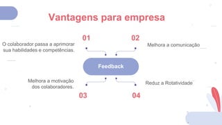 Vantagens para empresa
Feedback
O colaborador passa a aprimorar
sua habilidades e competências.
01
Melhora a comunicação
02
04
03
Reduz a Rotatividade
Melhora a motivação
dos colaboradores.
 