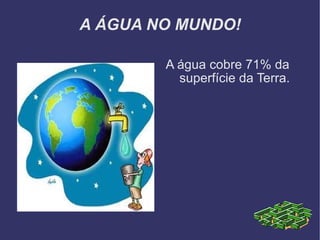 A ÁGUA NO MUNDO! A água cobre 71% da superfície da Terra. 
