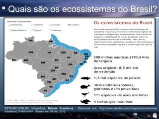  Quais são os ecossistemas do Brasil?




ESTADÃO.COM.BR, Infográficos. Biomas Brasileiros.    Disponível em: <http://www.estadao.com.br/especiais/os-biomas-
brasileiros,21489.htm#> . Acesso em: 08 dec. 2012.
 