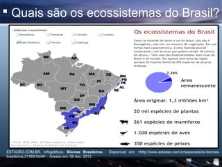  Quais são os ecossistemas do Brasil?




ESTADÃO.COM.BR, Infográficos. Biomas Brasileiros.    Disponível em: <http://www.estadao.com.br/especiais/os-biomas-
brasileiros,21489.htm#> . Acesso em: 08 dec. 2012.
 