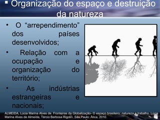  Organização do espaço e destruição
            da natureza
•  O “arrependimento”
  dos            países
  desenvolvidos;
•    Relação com a
  ocupação             e
  organização         do
  território;
•       As    indústrias
  estrangeiras         e
  nacionais;
ALMEIDA, Lúcia Marina Alves de. Fronteiras da Globalização- O espaço brasileiro: natureza e trabalho. Lúcia
Marina Alves de Almeída, Tércio Barbosa Rigolin. São Paulo: Ática, 2010.
 