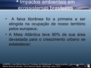 Impactos ambientais em
                 ecossistemas brasileiros

   •  A faixa litorânea foi a primeira a ser
     atingida na ocupação de nosso território
     pelos europeus;
   • A Mata Atlântica teve 90% de sua área
     devastada para o crescimento urbano se
     estabelecer;



ALMEIDA, Lúcia Marina Alves de. Fronteiras da Globalização- O espaço brasileiro: natureza e trabalho. Lúcia
Marina Alves de Almeída, Tércio Barbosa Rigolin. São Paulo: Ática, 2010.
 