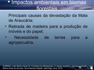  Impactos ambientais em biomas
                 florestais
    Principais causas da devastação da Mata
    de Araucária:
  • Retirada de madeira para a produção de
    móveis e do papel;
  •    Necessidade de terras para a
    agropecuária.




ALMEIDA, Lúcia Marina Alves de. Fronteiras da Globalização- O espaço brasileiro: natureza e trabalho. Lúcia
Marina Alves de Almeída, Tércio Barbosa Rigolin. São Paulo: Ática, 2010.
 