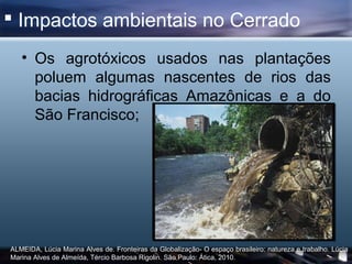  Impactos ambientais no Cerrado
   • Os agrotóxicos usados nas plantações
     poluem algumas nascentes de rios das
     bacias hidrográficas Amazônicas e a do
     São Francisco;




ALMEIDA, Lúcia Marina Alves de. Fronteiras da Globalização- O espaço brasileiro: natureza e trabalho. Lúcia
Marina Alves de Almeída, Tércio Barbosa Rigolin. São Paulo: Ática, 2010.
 