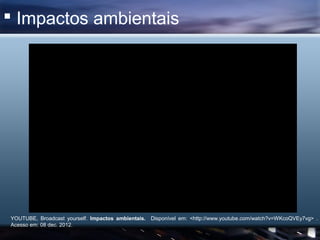  Impactos ambientais




YOUTUBE, Broadcast yourself. Impactos ambientais. Disponível em: <http://www.youtube.com/watch?v=WKcoQVEy7vg> .
Acesso em: 08 dec. 2012.
 