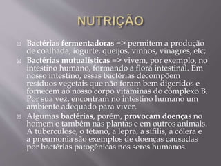  Bactérias fermentadoras => permitem a produção 
de coalhada, iogurte, queijos, vinhos, vinagres, etc; 
 Bactérias mutualísticas => vivem, por exemplo, no 
intestino humano, formando a flora intestinal. Em 
nosso intestino, essas bactérias decompõem 
resíduos vegetais que não foram bem digeridos e 
fornecem ao nosso corpo vitaminas do complexo B. 
Por sua vez, encontram no intestino humano um 
ambiente adequado para viver. 
 Algumas bactérias, porém, provocam doenças no 
homem e também nas plantas e em outros animais. 
A tuberculose, o tétano, a lepra, a sífilis, a cólera e 
a pneumonia são exemplos de doenças causadas 
por bactérias patogênicas nos seres humanos. 
 