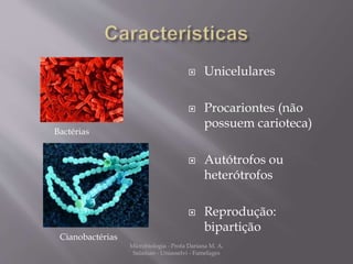  Unicelulares 
 Procariontes (não 
possuem carioteca) 
 Autótrofos ou 
heterótrofos 
 Reprodução: 
bipartição 
Microbiologia - Profa Dariana M. A. 
Salaman - Uniasselvi - Famelages 
Bactérias 
Cianobactérias 
 